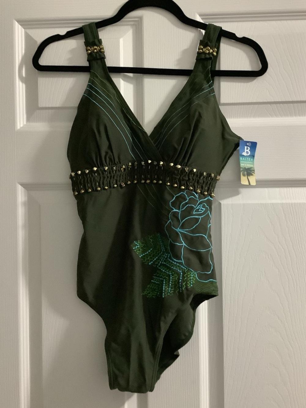 Baltex Olive Green One-Piece Swimsuit with Embroidered Floral Detail